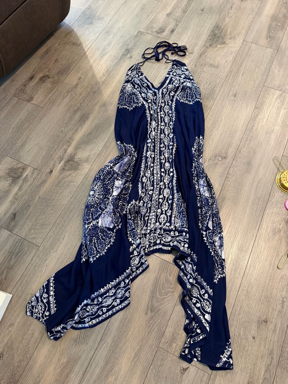 Advance Apparels Navy Blue and White Printed Halter Maxi Dress